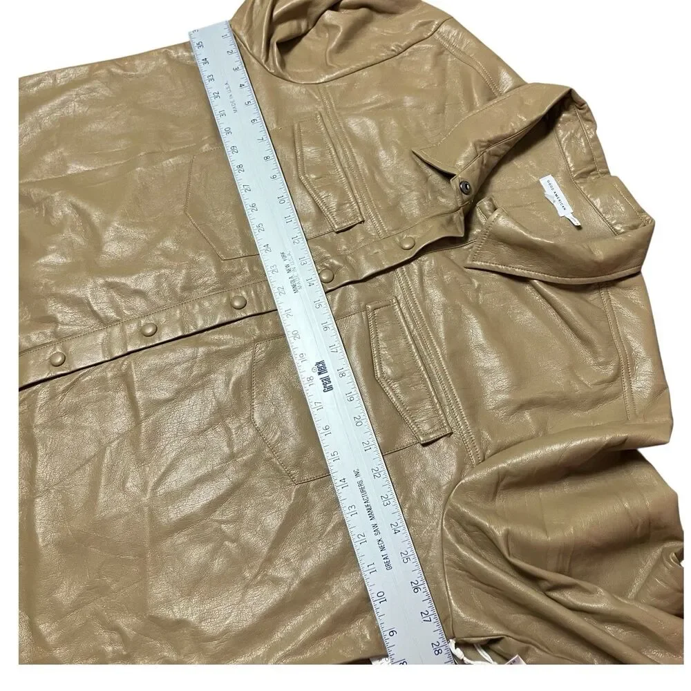 Good American Faux Leather Shirt Jacket Tan‎ Womens 7 Snap Front Overshirt